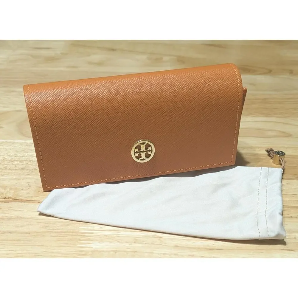 Tory Burch Sunglasses / Eyeglass Case Brown Leather + Pouch Logo Snap Close‎
